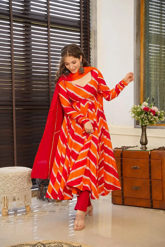 Orange leheriya Anarkali suit set