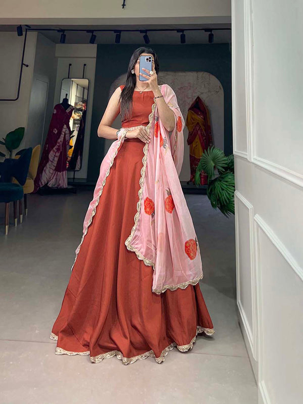 Burnt Color Plain Polyester Viscose Chanderi Lehenga Choli