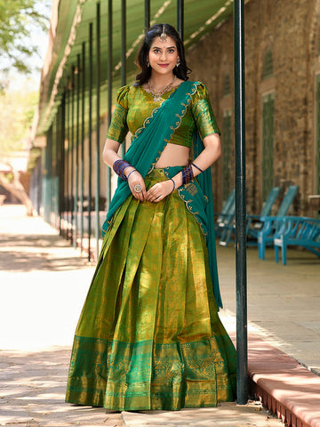 Parrot Color Zari Weaving Work Kanjivaram Wedding Lehenga Choli
