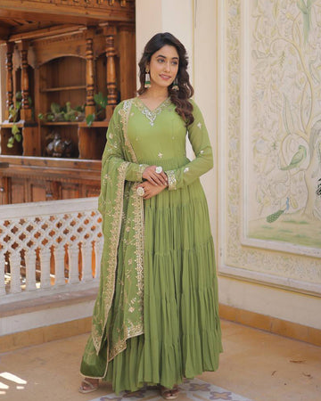 Faux Georgette Designer Parrot Green Color  Gown With Dupatta