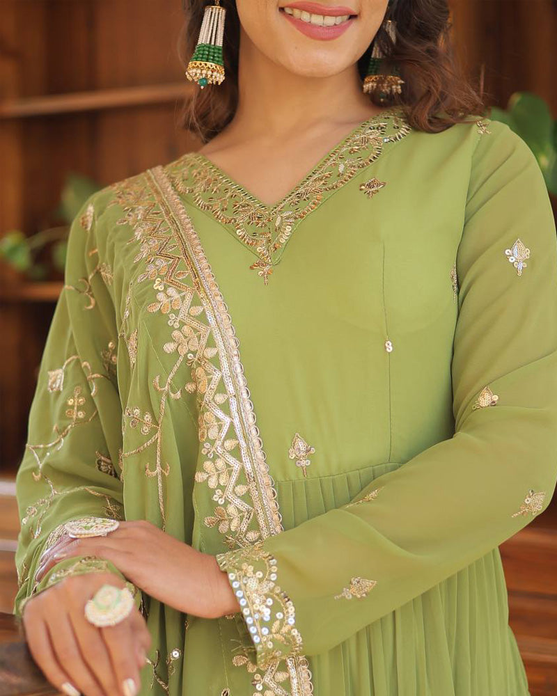 Faux Georgette Designer Parrot Green Color Gown With Dupatta