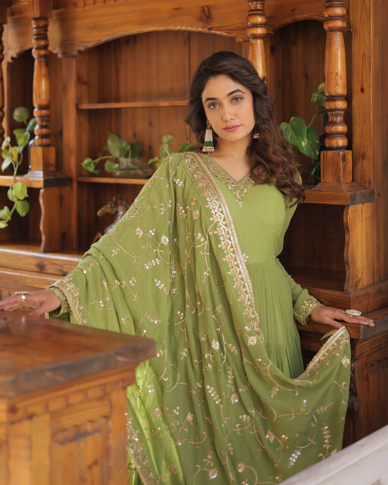 Faux Georgette Designer Parrot Green Color Gown With Dupatta