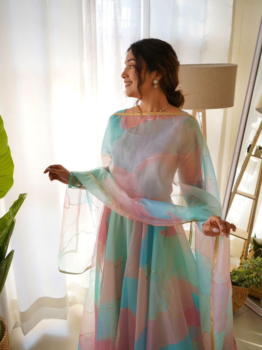 Light Rabba Rainbow Color Pure Organza Printed Anarkali Gown