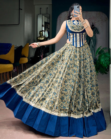 Peacock Blue Color Pure Viscose Chanderi Navratri Lehenga Choli
