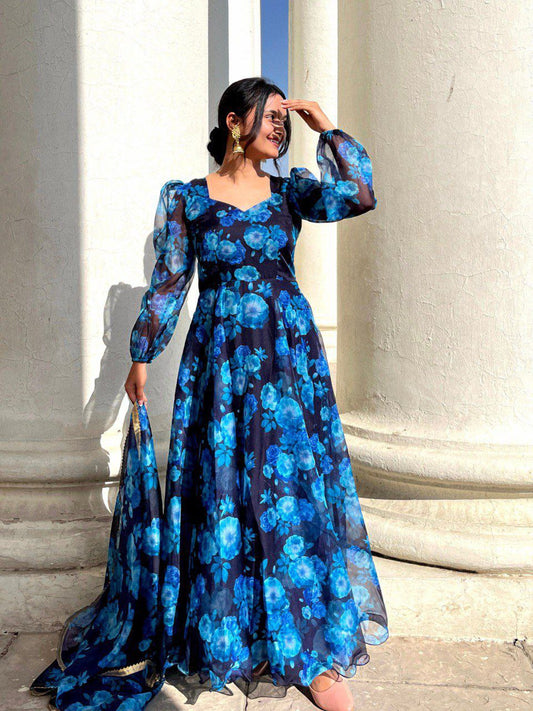 Heer Blue Color Flower Printed Pure Organza Gown