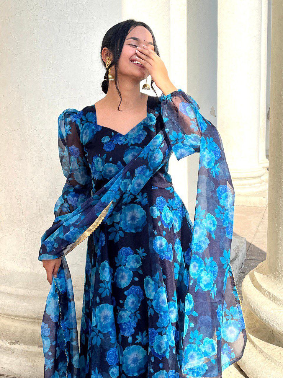 Heer Blue Color Flower Printed Pure Organza Gown