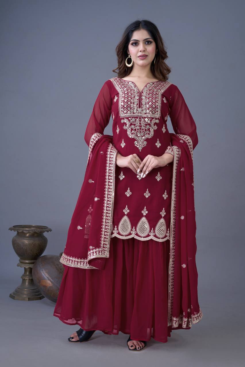 Maroon Kurta Sharara in Georgette With Embroidery and Dupatta Big Flair Sharara