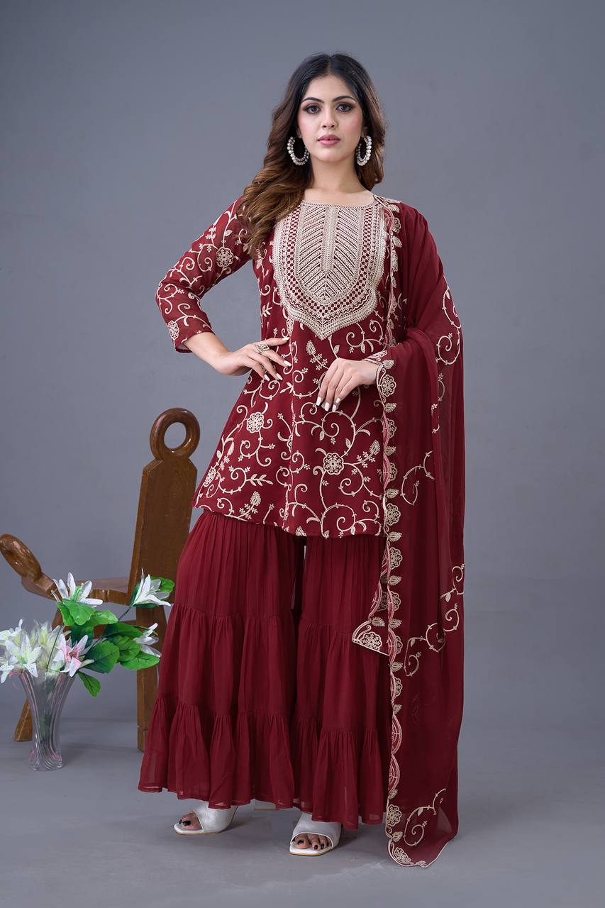 Maroon Kurta Sharara in Georgette With Embroidery Sharara Suit