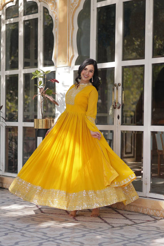 Yellow Color Faux Blooming Rich Embroidered Work Gown