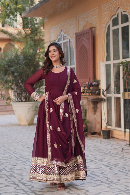 Royal Maroon Color Faux Blooming Zari Embroidered Work Gown