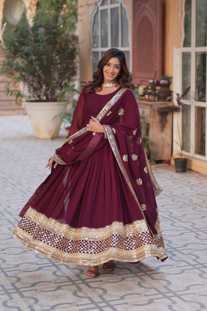 Royal Maroon Color Faux Blooming Zari Embroidered Work Gown