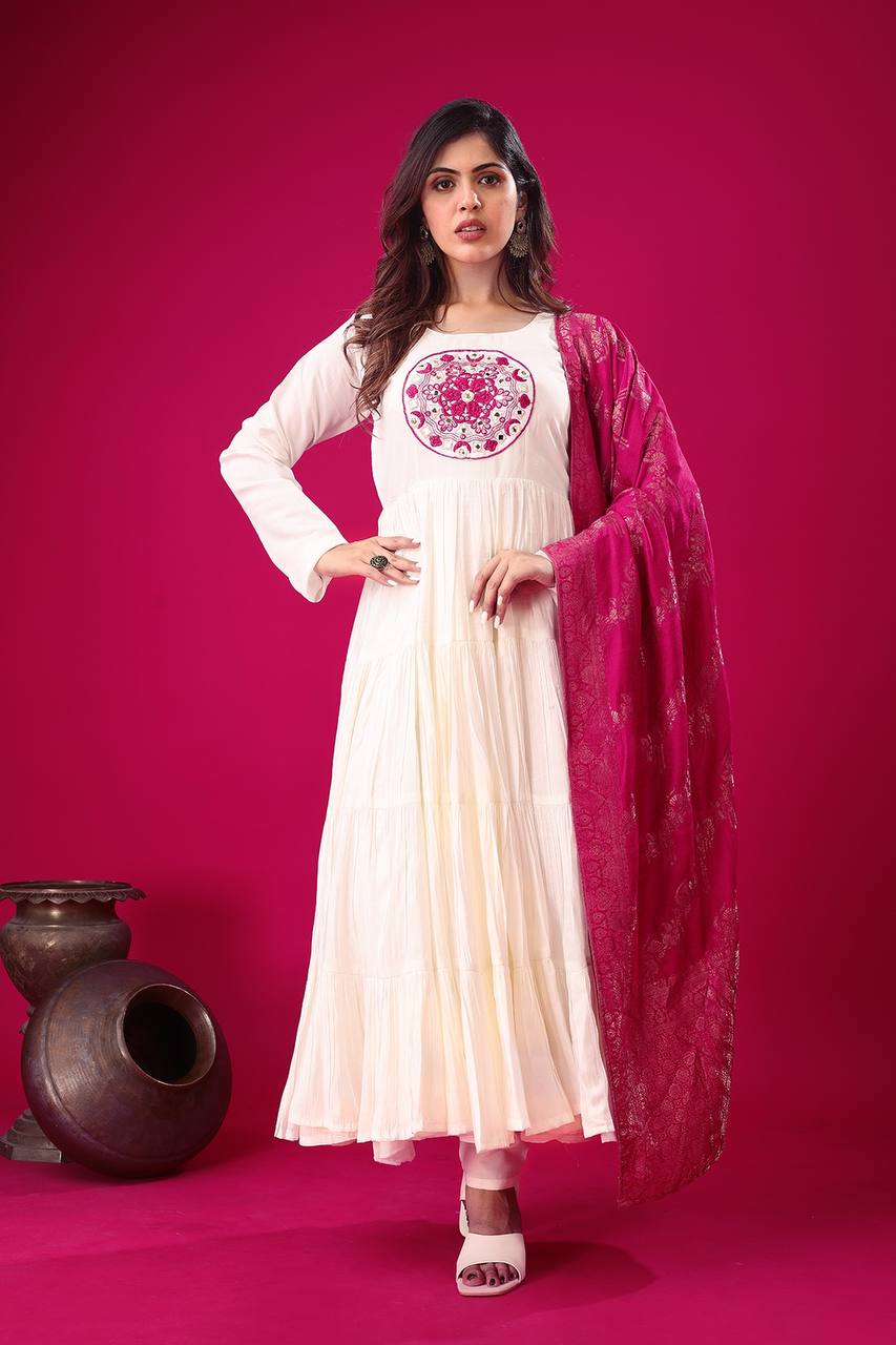 Magical White Color Roman Silk With Embroidery Sequence Work Anarkali Gown (Copy)