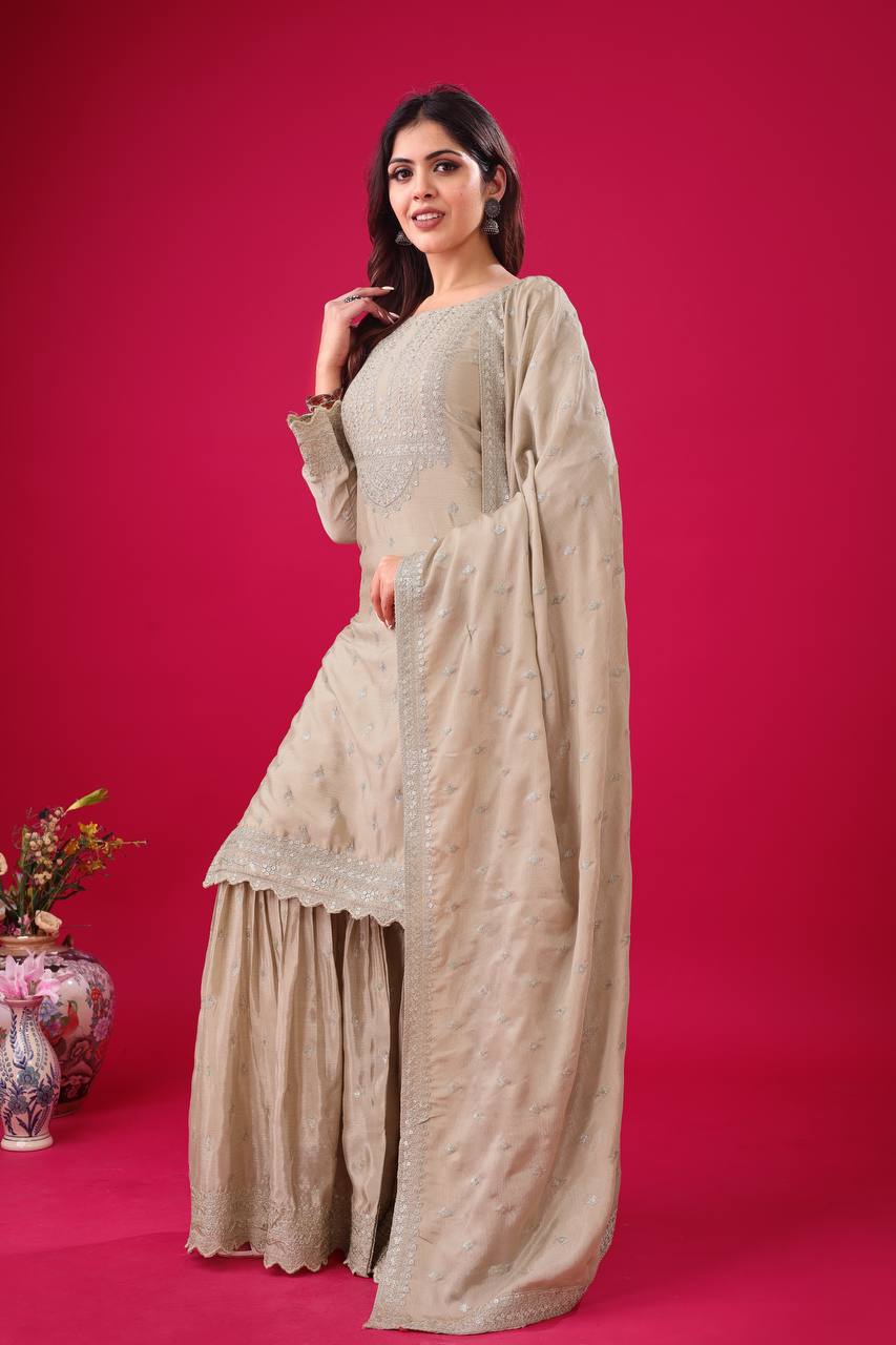 Chiku Kurta Sharara in Chinon With Sequence Embroidery and Dupatta Big Flair Sharara