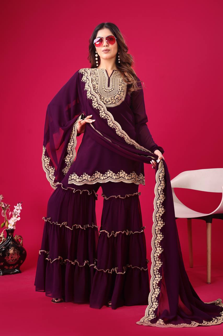 Purple Color Top Palazzo Suit And Dupatta In Georgette With Embroidery Sequence Work
