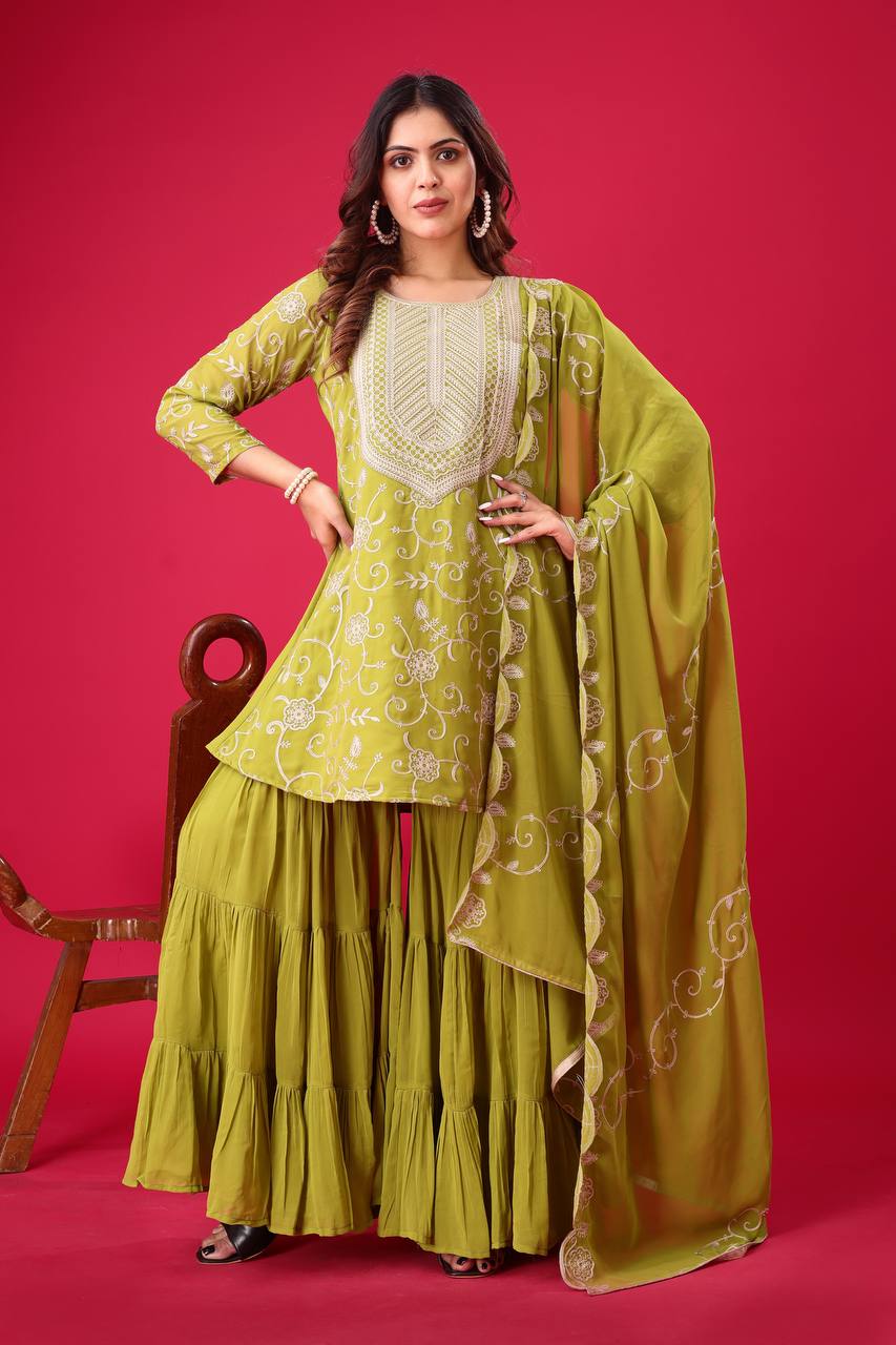 Green Georgette Sharara Suit with Embroidery Heavy Dupatta
