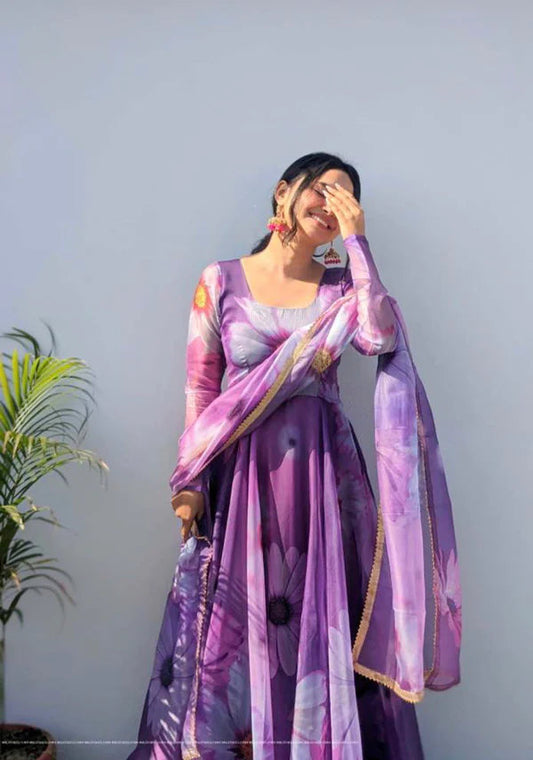 Purple Color Trendy Sunflower Digital Print Gown And Dupatta Collection