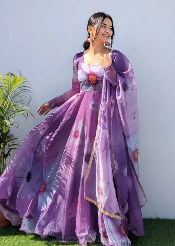 Purple Color Trendy Sunflower Digital Print Gown And Dupatta Collection