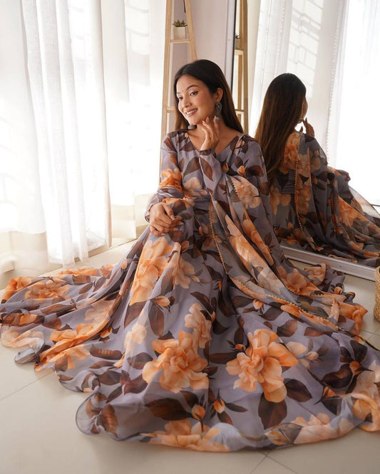 Graceful Flower Print Gray Color Anarkali Gown