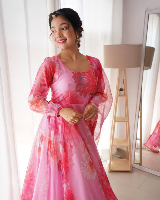 Pink Digital Print Faux Georgette Anarkali Gown Dupatta Collection