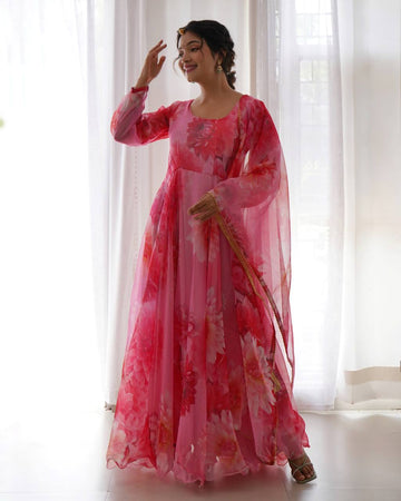 Pink Digital Print Faux Georgette Anarkali Gown Dupatta Collection