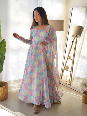 Shibori Printed White Pure Organza Anarkali Gown