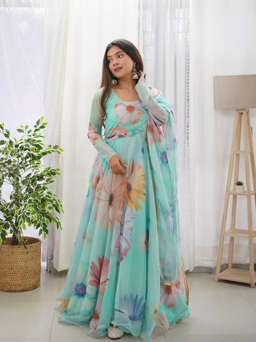 New Party Wear Look Organza Taby Silk Floral Gown With Dupatta