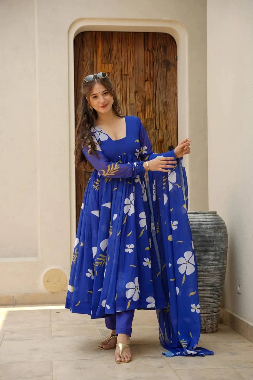 Blue floral georgette Anarkali suit set