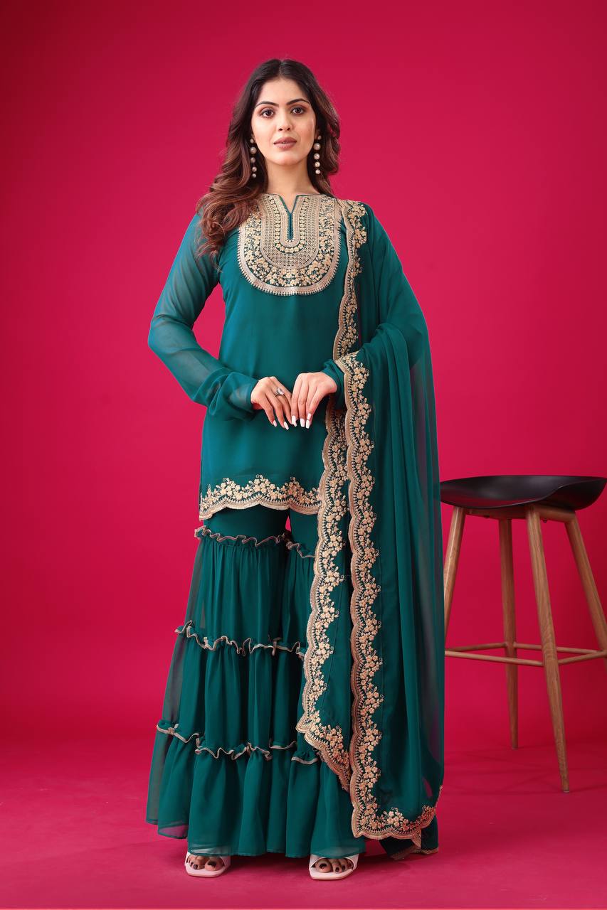 Rama Color Top Palazzo Suit And Dupatta In Georgette With Embroidery Sequence Work
