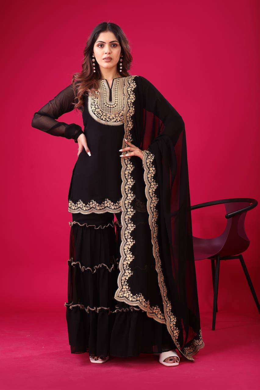 Black Color Top Palazzo Suit And Dupatta In Georgette With Embroidery Sequence Work