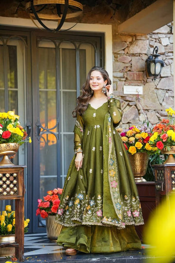 Floral Crunchy Silk Premium Anarkali Suit Set for Women