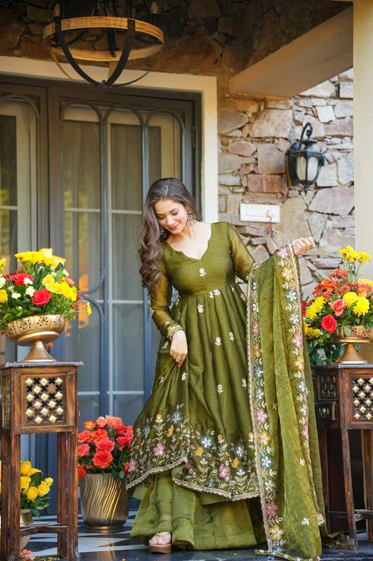 Floral Crunchy Silk Premium Anarkali Suit Set for Women