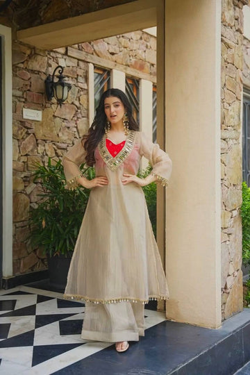 Women's Ivory Salsa Silk Kurta Set with Real Mirror Work & Palazzo | Festive & Wedding Wear