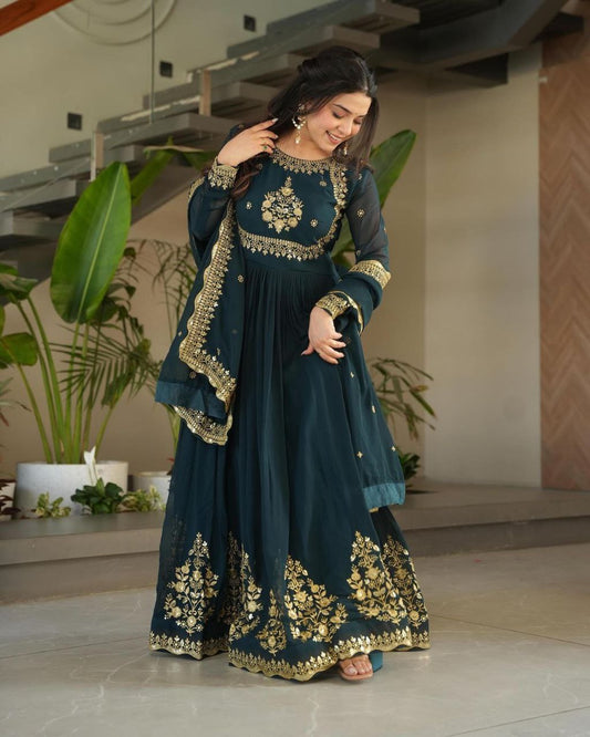 Bottle Gren Color Heavy Georgette Designer Gown With Zari And Sequence Embroidery Work With Dupatta (Copy)