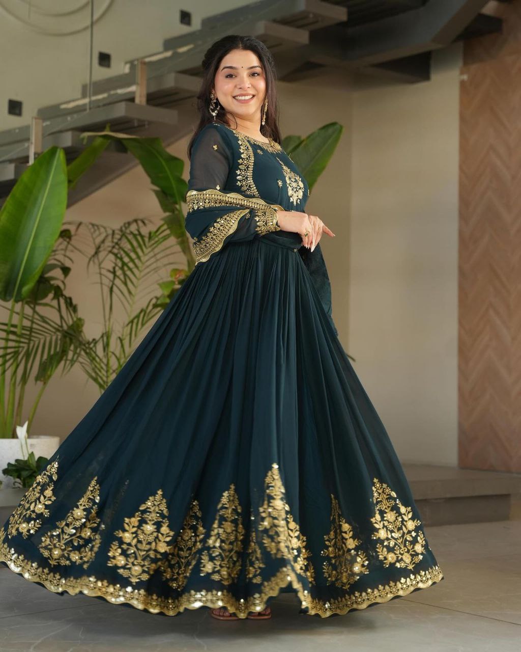 Bottle Gren Color Heavy Georgette Designer Gown With Zari And Sequence Embroidery Work With Dupatta (Copy)