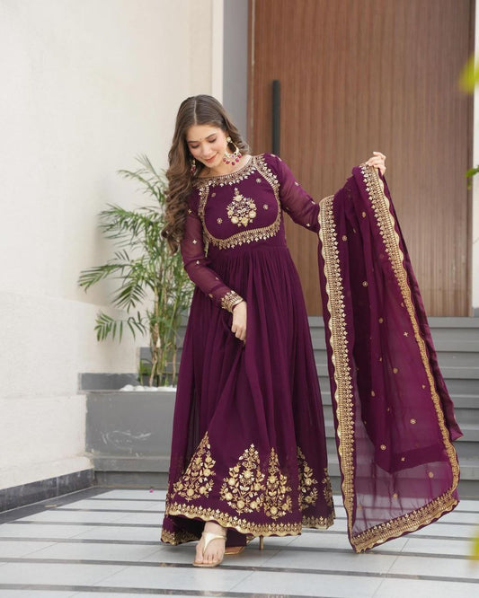 Wine Color Heavy Georgette Designer Gown With Zari And Sequence Embroidery Work With Dupatta