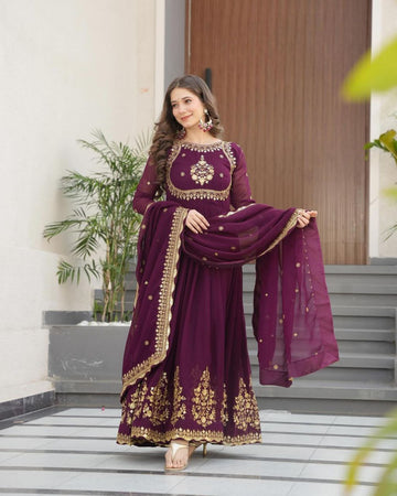Wine Color Heavy Georgette Designer Gown With Zari And Sequence Embroidery Work With Dupatta
