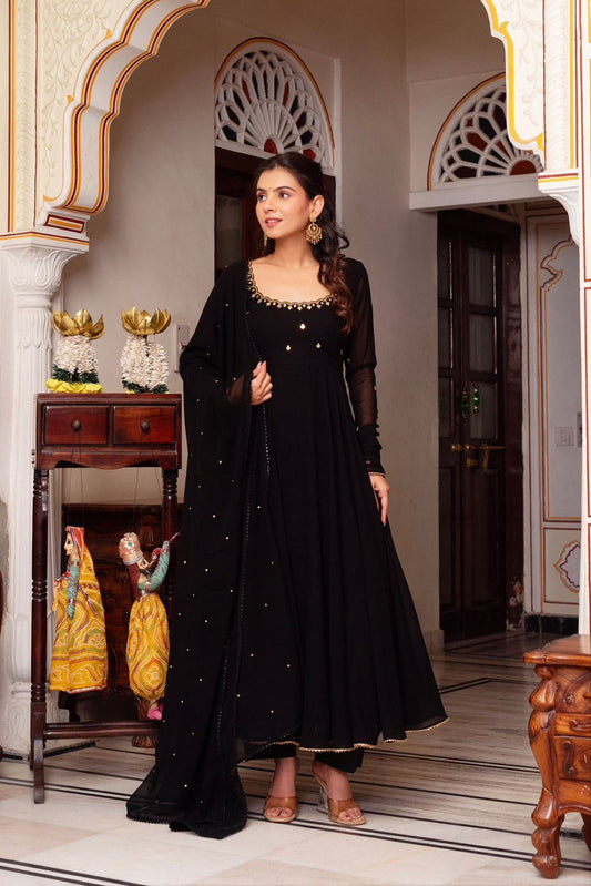 Most Trending Party Wear Handwork Black Color Anarkali Suit