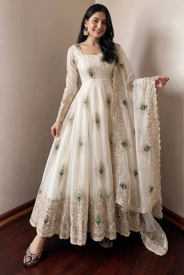 White Peacock Embroidered Trendy Anarkali Suit Set for Women with Dupatta