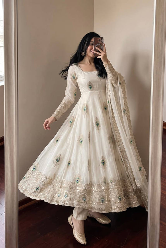 White Peacock Embroidered Trendy Anarkali Suit Set for Women with Dupatta