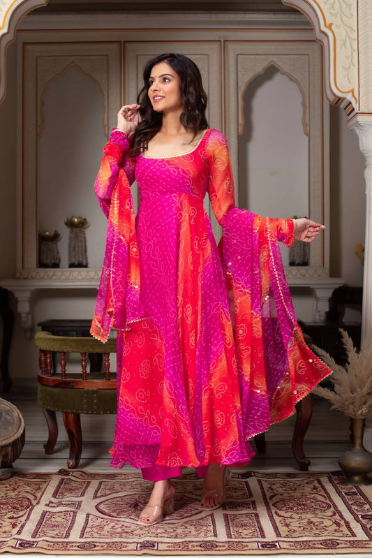 Vibrant Pink & Orange Bandhani Print Anarkali Suit with Dupatta