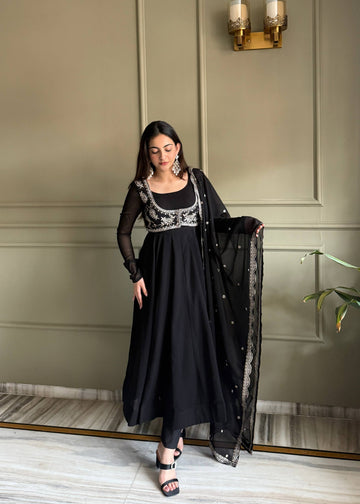 Black Heavy Embroidered Koti Designer Anarkali Set for Women