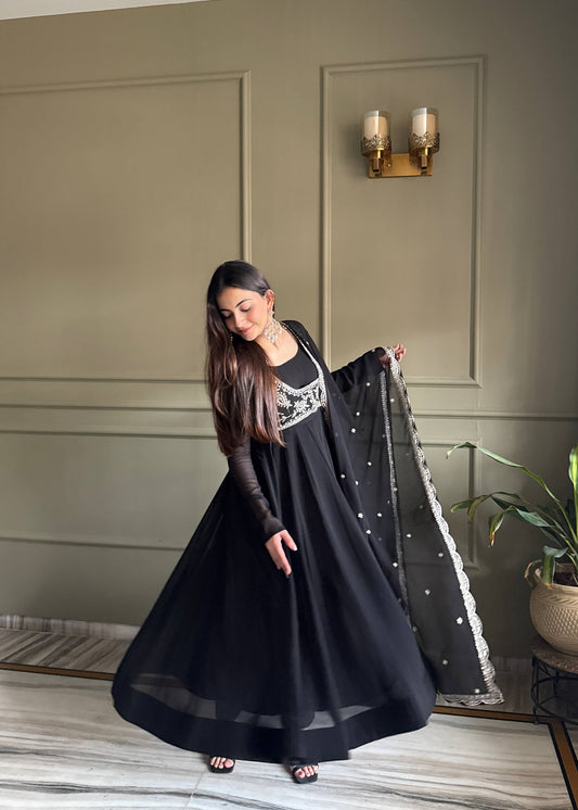 Black Heavy Embroidered Koti Designer Anarkali Set for Women