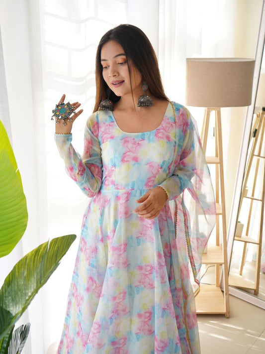 Shibori Printed White Pure Organza Anarkali Gown