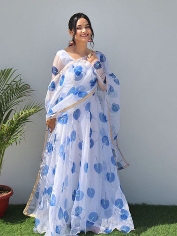 White & Sky Printed Beauty Gown And Four Side Golden Gotta Lace Border Dupatta Collection