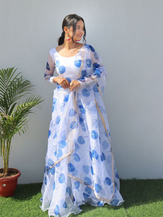 White & Sky Printed Beauty Gown And Four Side Golden Gotta Lace Border Dupatta Collection