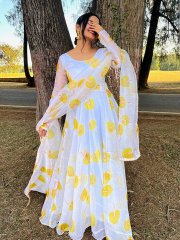 White & Yellow Printed Georgette Anarkali With Dupatta Collection