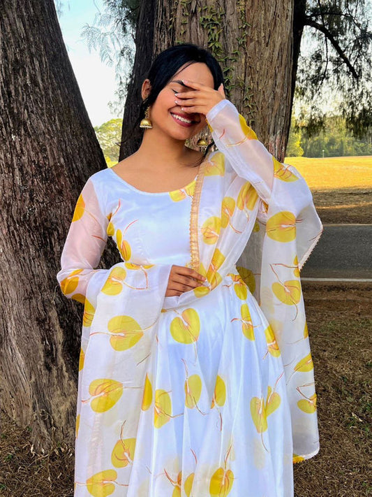 White & Yellow Printed Georgette Anarkali With Dupatta Collection