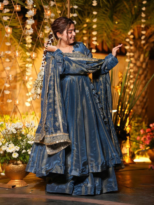 Midnight Blue Cosmos Silk Anarkali Kurta Set with Dupatta & Straight Pants