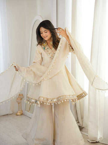 Elegant Organza Silk Mirror Work Sharara Suit Set with Dupatta