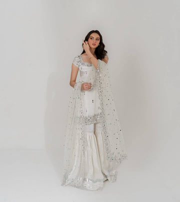 Ivory White Faux Georgette Sharara Suit with Heavy Embroidery, Sequin & Real Mirror Handwork Dupatta
